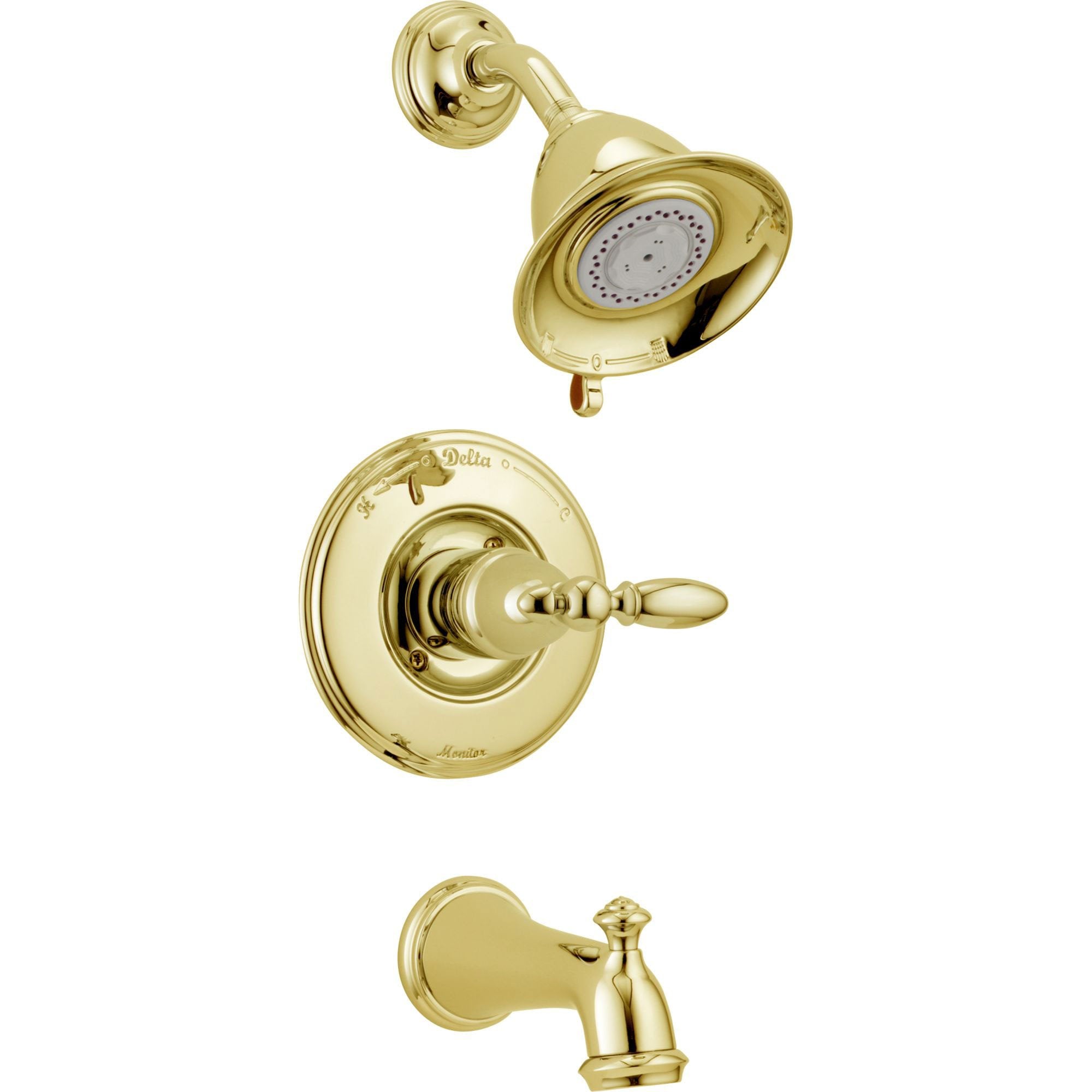 Delta Traditional Victorian Polished Brass Finish 14 Series Tub and Shower Faucet Combo INCLUDES Rough-in Valve and Single Lever Handle D1186V