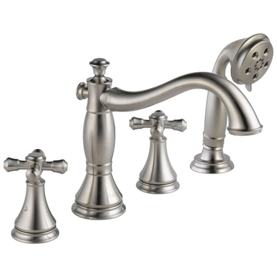 Delta Cassidy Collection Stainless Steel Finish Roman Tub Filler Faucet with Hand Shower INCLUDES (2) Cross Handles and Rough-in Valve D1391V