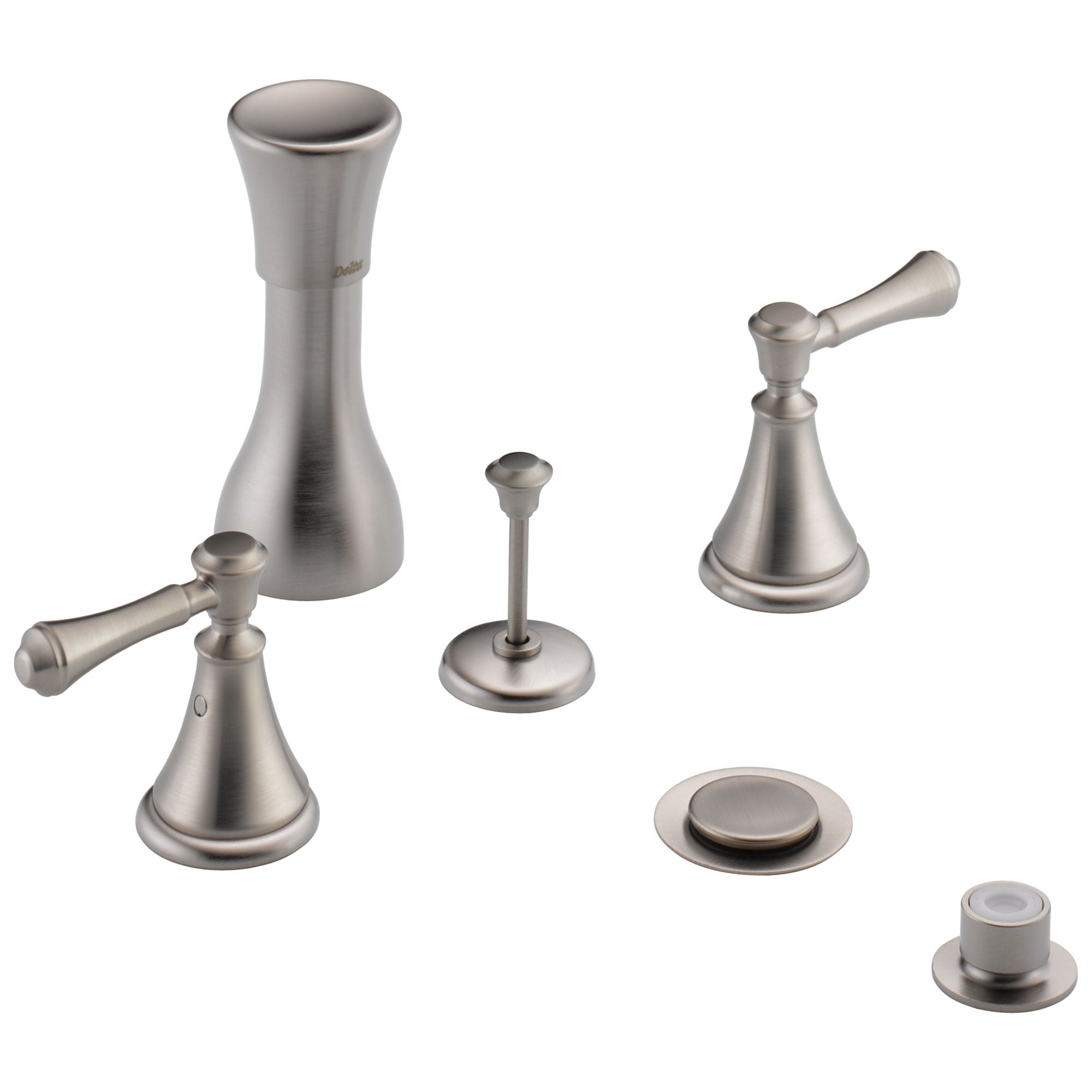 Delta Stainless Steel Finish Cassidy Collection 4 Hole 6" or 8" Installation Bathroom Bidet Faucet with Metal Pop-up Includes Two Lever Handles D1729V