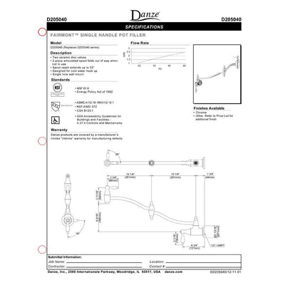 Danze Fairmont Chrome Wall Mount Traditional Pot Filler Faucet