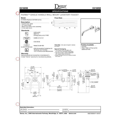 Danze Parma Chrome Single Handle Bathroom Wall Mount Faucet with Touch Down Drain INCLUDES Rough-in Valve