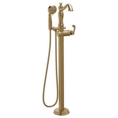 Delta Cassidy Freestanding Floor-Mount Tub Filler Faucet with Sprayer in Champagne Bronze INCLUDES Single French Curve Lever Handle and Rough-in Valve D2568V