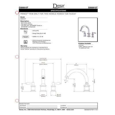 Danze Prince Chrome High Volume Roman Bath Tub Filler Faucet INCLUDES Rough-in Valve