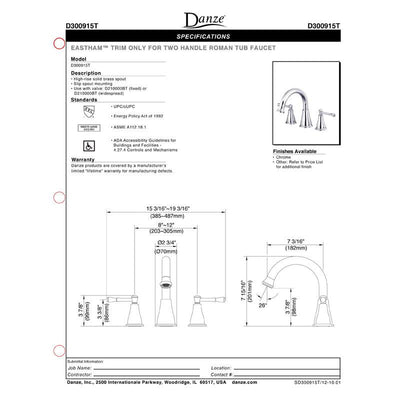 Danze Eastham Chrome High Volume Roman Bathtub Filler Faucet INCLUDES Rough-in Valve