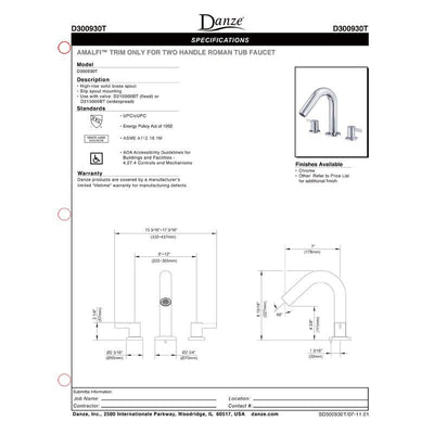 Danze Amalfi Chrome 2 Handle Widespread Roman Tub Filler Faucet INCLUDES Rough-in Valve