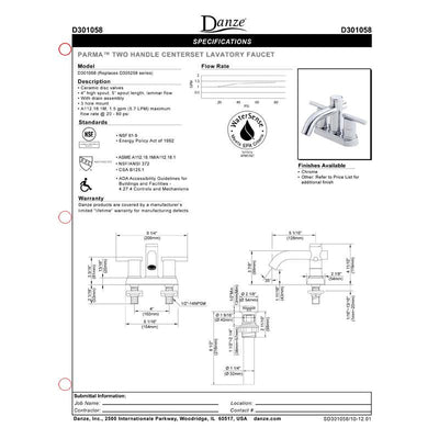 Danze Parma Chrome 2 Cylindrical Handle Centerset Bathroom Sink Faucet