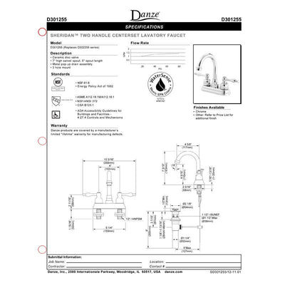 Danze Sheridan Chrome 2 Handle 4" Centerset Bathroom Sink Faucet w/ Drain