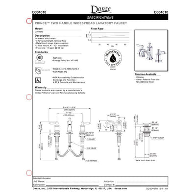 Danze Prince Brushed Nickel Widespread Bathroom Sink Faucet w/ Touch Down Drain