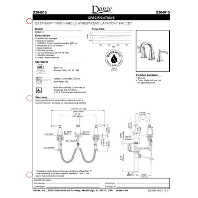 Danze Eastham Chrome Scroll Lever Widespread Bathroom Sink Faucet