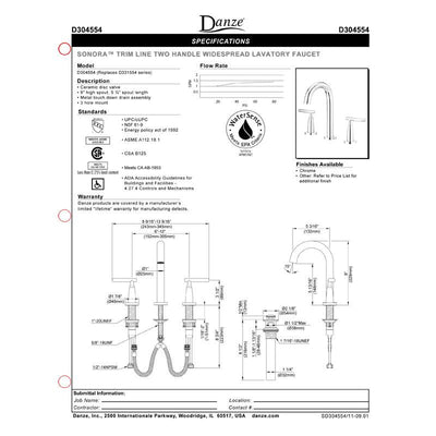 Danze Sonora Chrome Trimline Slim handle Widespread Bathroom Sink Faucet