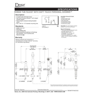 Danze Opulence Brushed Nickel Traditional Roman Tub Filler Faucet with Hand Shower INCLUDES Rough-in Valve