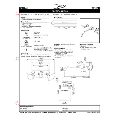 Danze Fairmont Chrome 2 Lever Handle Wall Mount Bathroom Faucet with Touch Drain INCLUDES Rough-in Valve