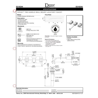 Danze Sirius Brushed Nickel Modern Wall Mount Bathroom Sink Faucet with Push Drain INCLUDES Rough-in Valve