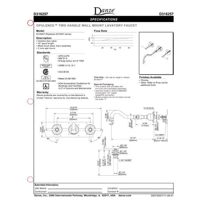 Danze Opulence Brushed Nickel Traditional Wall Mount Bathroom Faucet with Drain INCLUDES Rough-in Valve