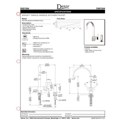 Danze Sirius Stainless Steel Single Handle Modern Hi-Arch Kitchen Faucet w Spray