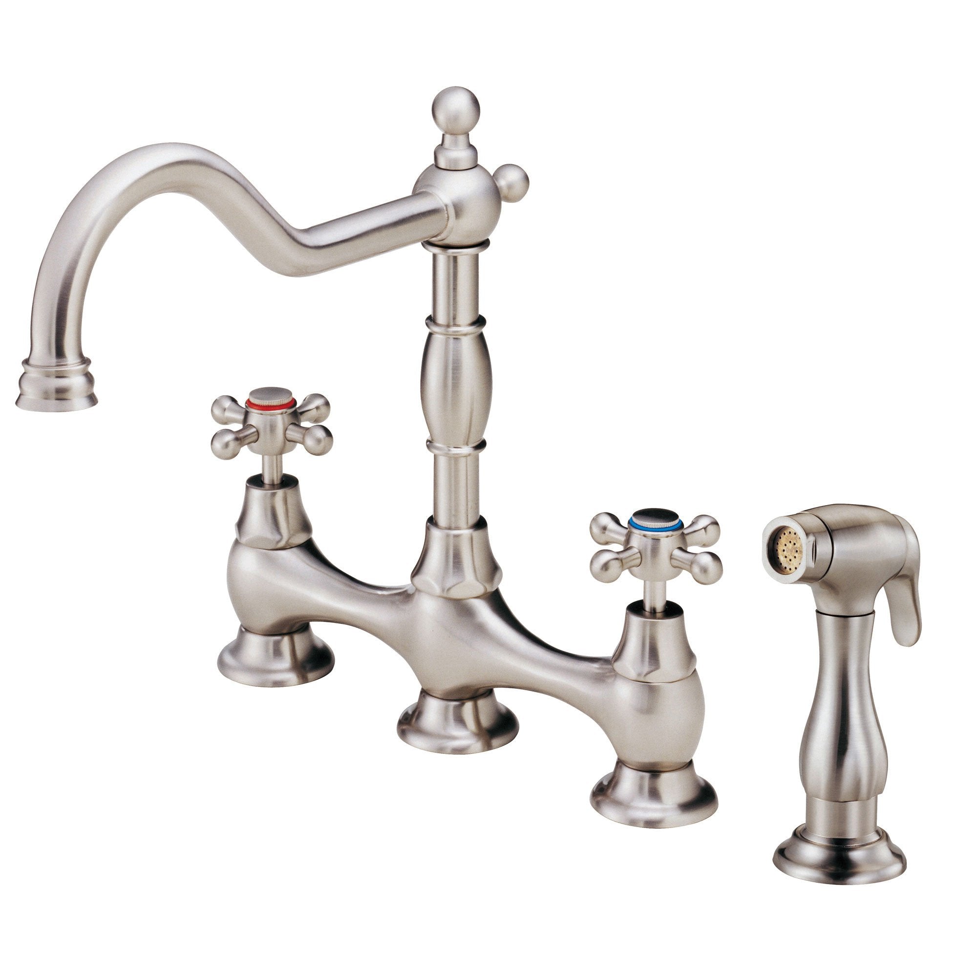 Danze Opulence Stainless Steel Cross Handle Bridge Kitchen Faucet with Sprayer