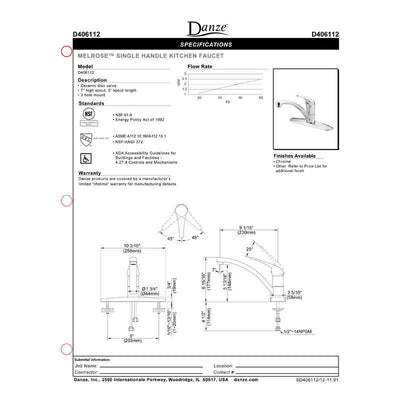 Danze Melrose Chrome Simple Basic Single Handle Kitchen Faucet