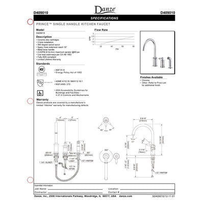 Danze Prince Chrome Single Handle 3 Hole Widespread Kitchen Faucet with Sprayer