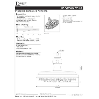 Danze Chrome Finish High Pressure 6" Sunflower Showerhead