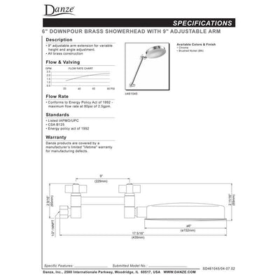 Danze Chrome 6" Downpour Showerhead with 9" Adjustable Height Shower Arm