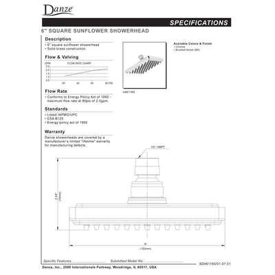 Danze Sirius Ultra Modern 6" Chrome Square Sunflower Showerhead