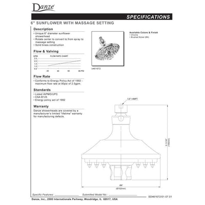 Danze Sunflower Massage High Pressure Brushed Nickel 6" Shower Head