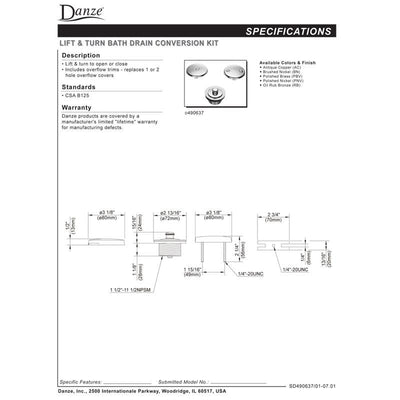 Danze Brushed Nickel Lift & Turn Bath Tub Drain and Overflow Cover Plate Kit