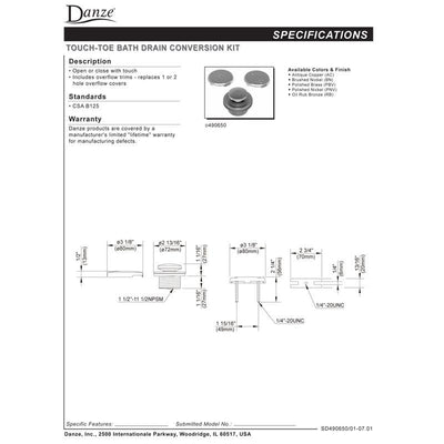 Danze Oil Rubbed Bronze Touch Toe Push-Down Bath Tub Drain & Overflow Cover Kit