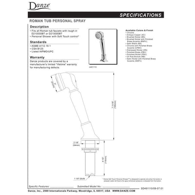 Danze Traditional Brushed Nickel Roman Tub Filler Handheld Shower Add-on Kit