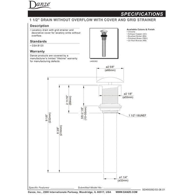 Danze 1-1/2" Oil Rubbed Bronze Bathroom Sink Drain Grid & Cover without Overflow