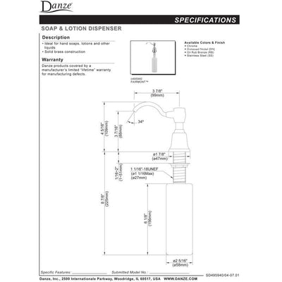 Danze Fairmont Oil Rubbed Bronze Finish Deck Mount Soap & Lotion Dispenser