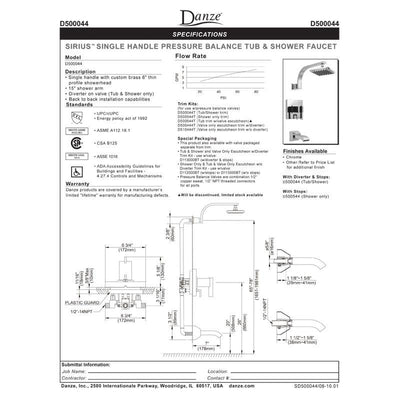 Danze Sirius Modern Chrome Single Handle Tub and Shower Combination Faucet INCLUDES Rough-in Valve