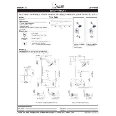 Danze Eastham Chrome Single Handle Tub and Shower Combination Faucet INCLUDES Rough-in Valve