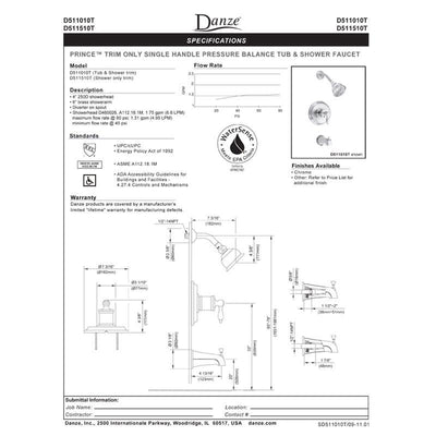 Danze Prince Chrome Single Handle Pressure Balance Tub and Shower Faucet INCLUDES Rough-in Valve