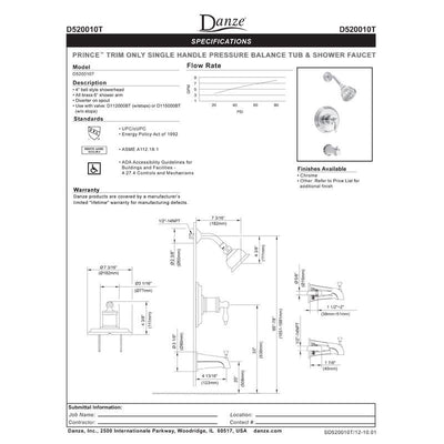 Danze Prince Chrome Single Handle Tub and Shower Combination Faucet INCLUDES Rough-in Valve