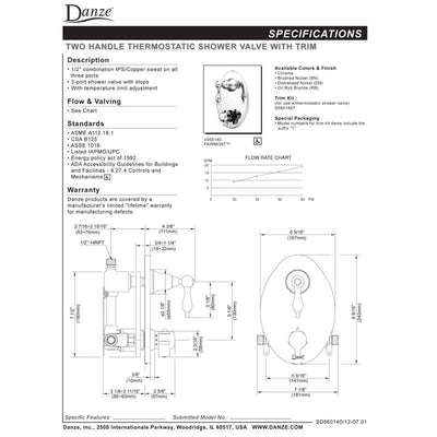 Danze Fairmont Chrome 2 Handle 1/2" Thermostatic Shower Faucet Control INCLUDES Rough-in Valve