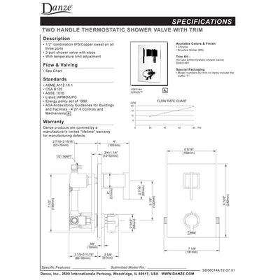 Danze Sirius Modern Chrome Square 1/2" Thermostatic Shower Faucet Control INCLUDES Rough-in Valve