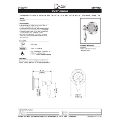 Danze Fairmont Chrome 1 Handle Volume Control 4-Port Shower Diverter INCLUDES Rough-in Valve