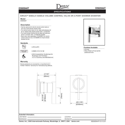 Danze Sirius Chrome Single Handle Volume Control 4-Port Shower Diverter INCLUDES Rough-in Valve