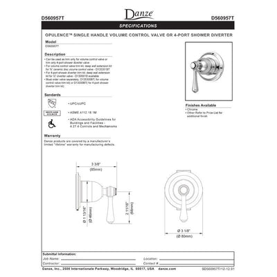 Danze Opulence Chrome 1 Handle Volume Control 4-Port Shower Diverter INCLUDES Rough-in Valve