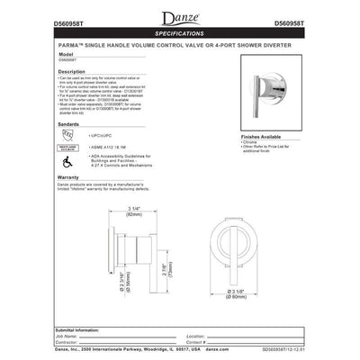 Danze Parma Chrome Single Handle Volume Control 4-Port Shower Diverter INCLUDES Rough-in Valve