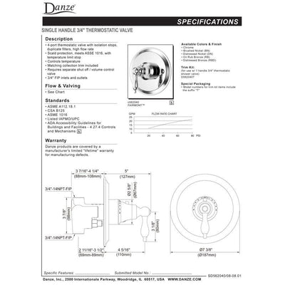 Danze Fairmont Chrome Single Handle High-Volume Thermostatic Shower Control INCLUDES Rough-in Valve