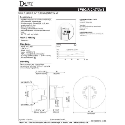 Danze Parma Brushed Nickel 3/4" High-Volume Thermostatic Shower Control INCLUDES Rough-in Valve