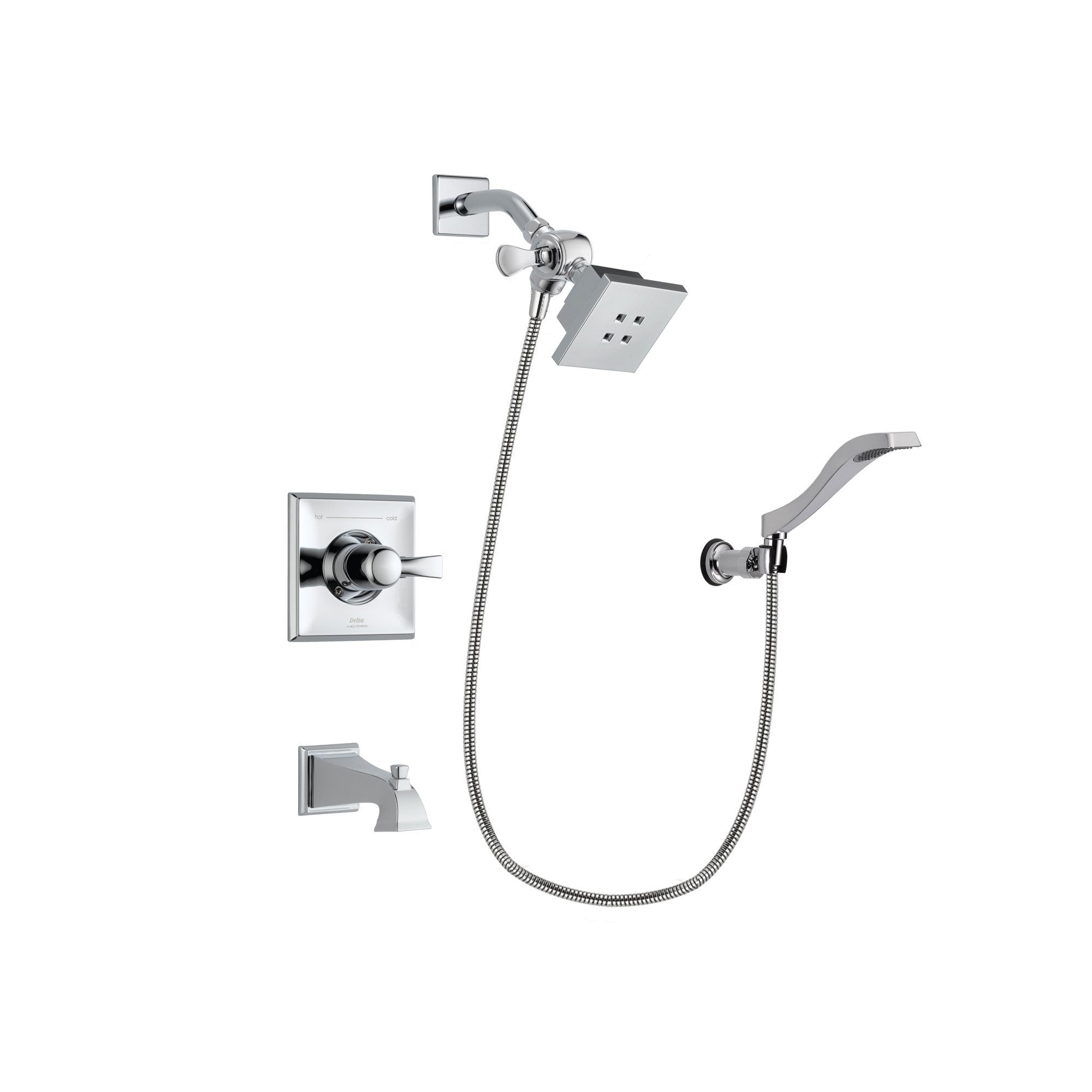 Delta Dryden Chrome Finish Tub and Shower Faucet System Package with Square Showerhead and Modern Handheld Shower Spray with Wall Bracket and Hose Includes Rough-in Valve and Tub Spout DSP0007V