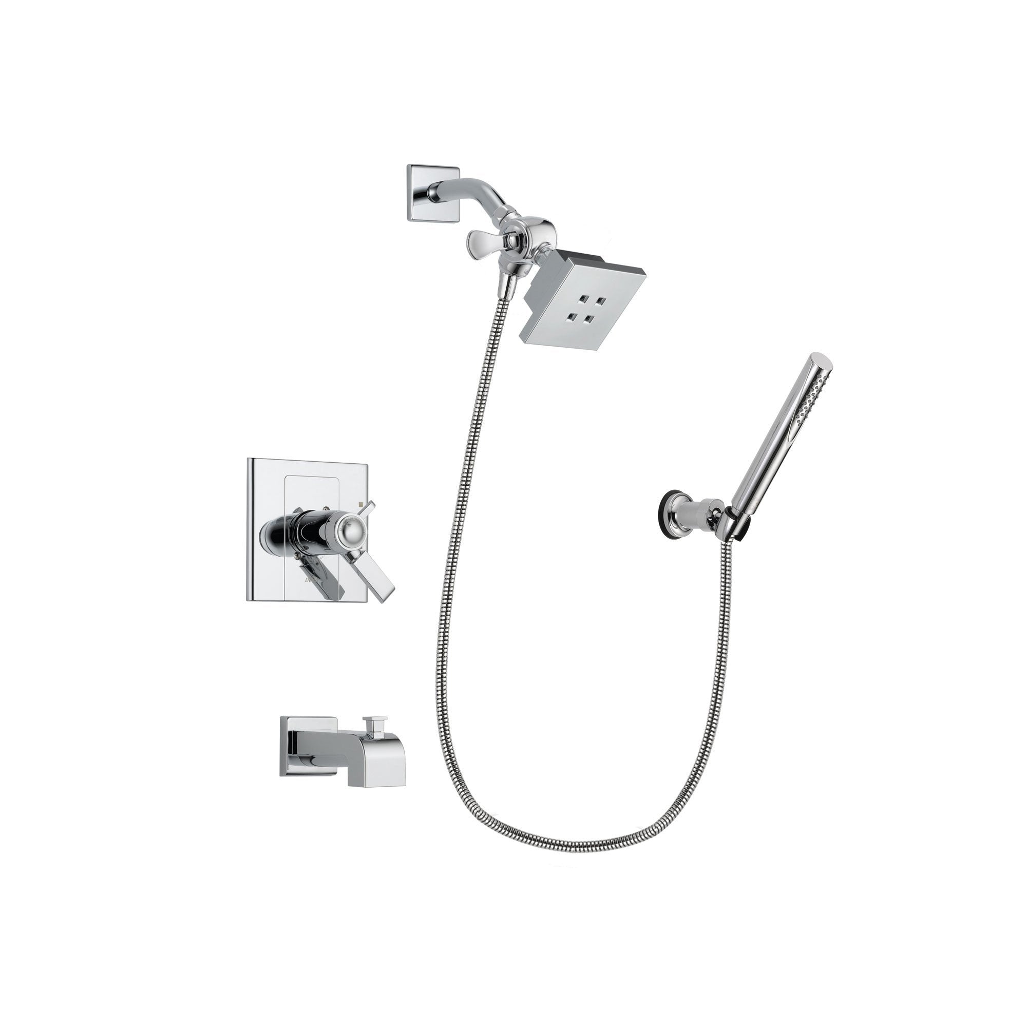 Delta Arzo Chrome Finish Thermostatic Tub and Shower Faucet System Package with Square Showerhead and Modern Handheld Shower Spray with Wall Bracket and Hose Includes Rough-in Valve and Tub Spout DSP0054V