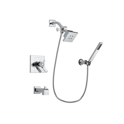 Delta Arzo Chrome Finish Thermostatic Tub and Shower Faucet System Package with Square Showerhead and Modern Handheld Shower Spray with Wall Bracket and Hose Includes Rough-in Valve and Tub Spout DSP0102V