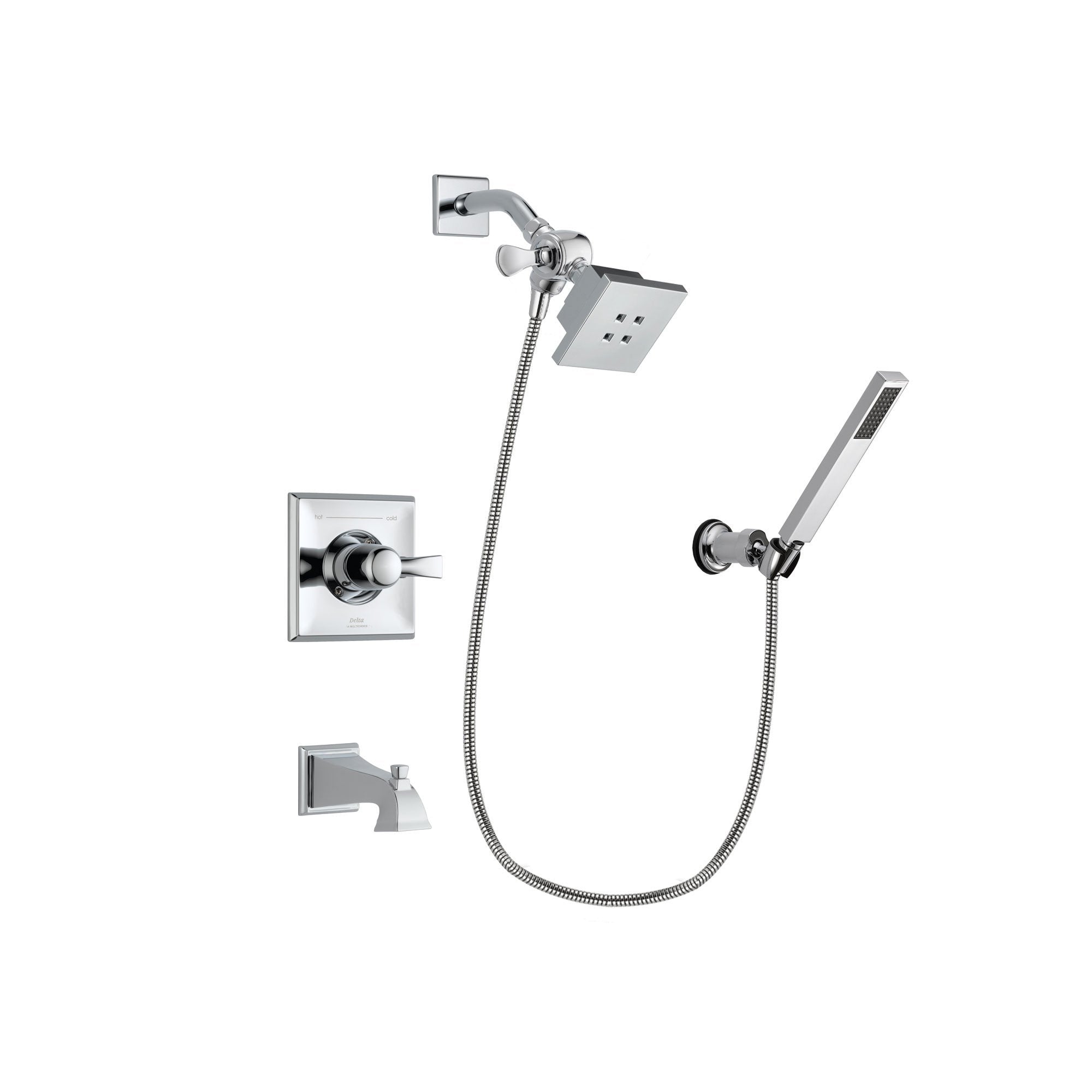 Delta Dryden Chrome Finish Tub and Shower Faucet System Package with Square Showerhead and Modern Handheld Shower Spray with Wall Bracket and Hose Includes Rough-in Valve and Tub Spout DSP0103V