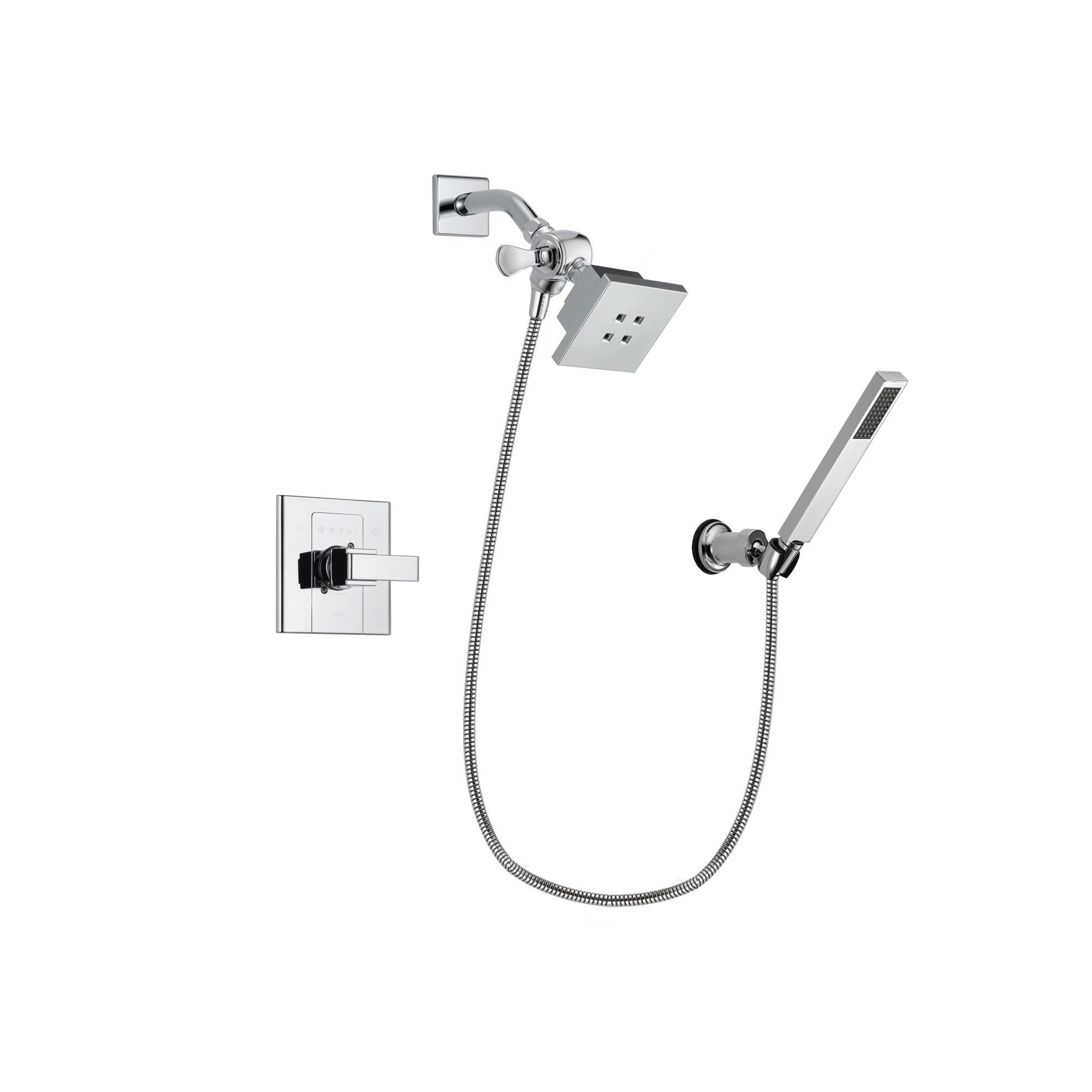 Delta Arzo Chrome Finish Shower Faucet System Package with Square Showerhead and Modern Handheld Shower Spray with Wall Bracket and Hose Includes Rough-in Valve DSP0108V