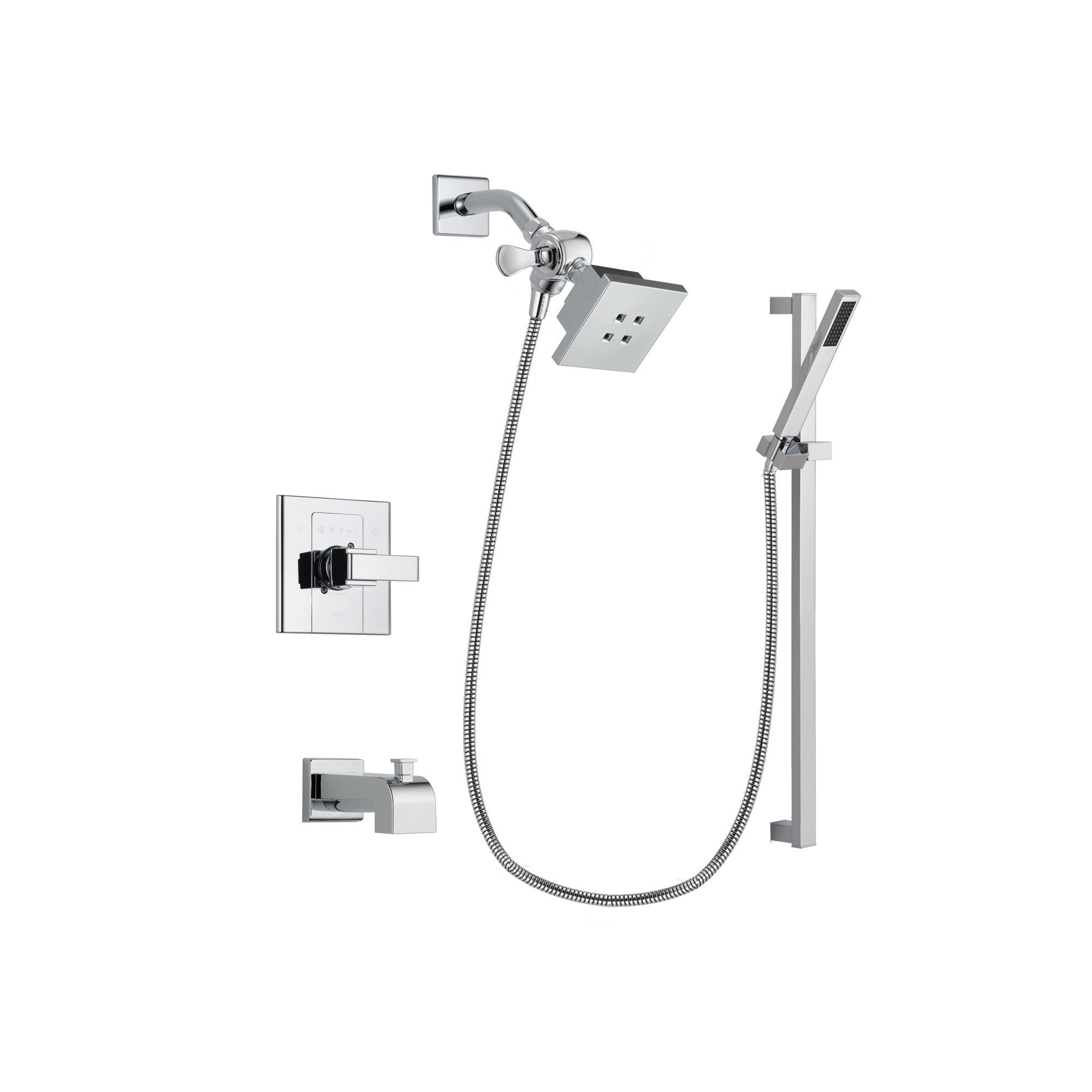 Delta Arzo Chrome Finish Tub and Shower Faucet System Package with Square Showerhead and Modern Square Wall Mount Slide Bar with Handheld Shower Spray Includes Rough-in Valve and Tub Spout DSP0203V