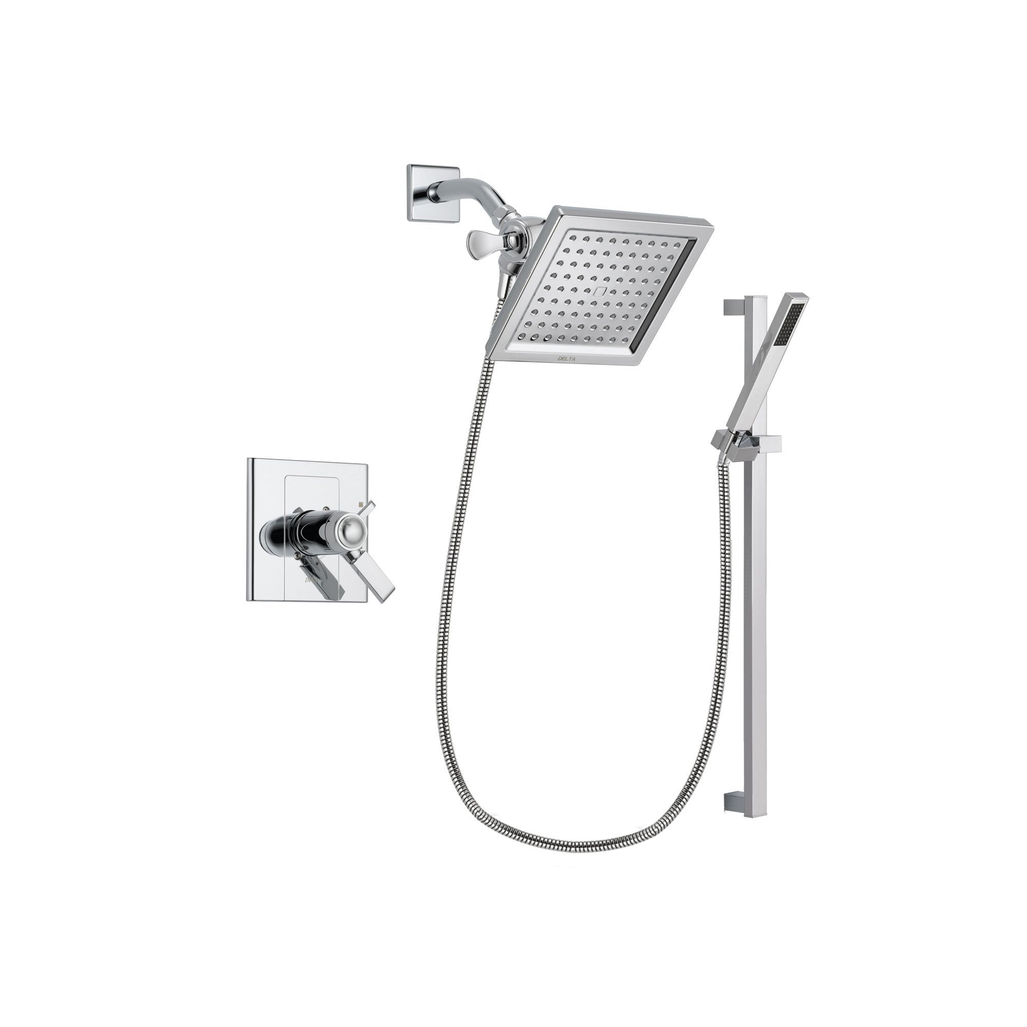 Delta Arzo Chrome Finish Thermostatic Shower Faucet System Package with 6.5-inch Square Rain Showerhead and Modern Square Wall Mount Slide Bar with Handheld Shower Spray Includes Rough-in Valve DSP0213V